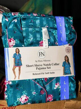 Flora Nikrooz  Short Sleeve Notch Collar Pajama Set    Relaxed Fit/ Soft Satin